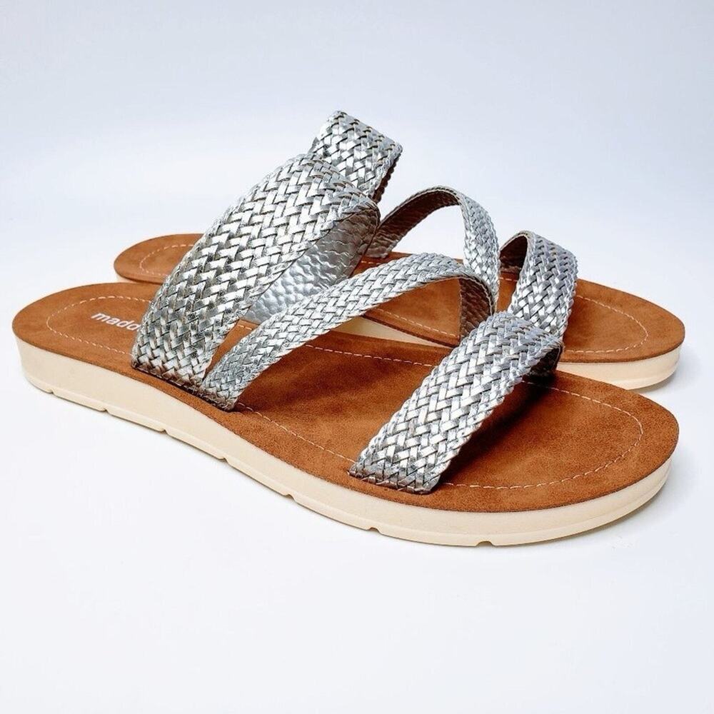 New Madden Girl Sandals Women’s Press Flat Metallic Silver Braid Slides Sz 10